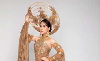 Bella Vũ Huyền Diệu diện váy làm từ sợi đay đi thi Quốc tế